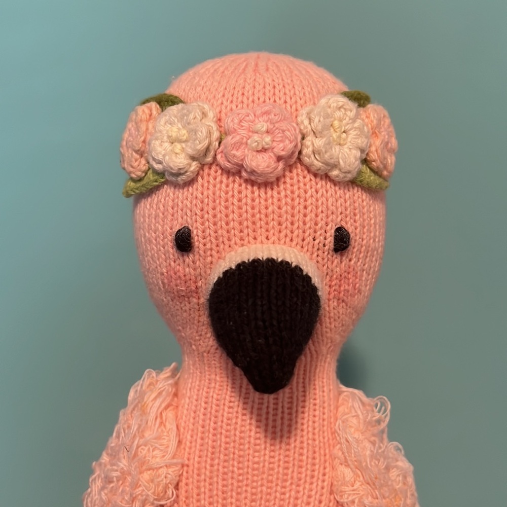 13 inch Penelope flamingo hand knit cuddle kind doll